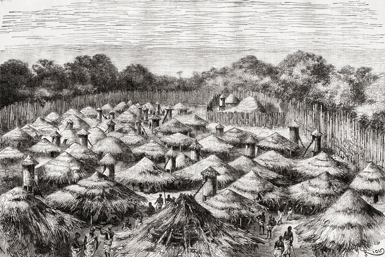 Vesnice Kiwana, Tanzanie, jak to bylo na konci 19. století, z „Africa Pintoresca“, vydáno 1888 od Spanish School
