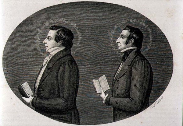 (LtoR) Joseph Smith (1805-44), zakladatel mormonské církve a jeho bratr Hyrum, z „La Vuelta al Mundo“, publikované v Mardridu od Spanish School