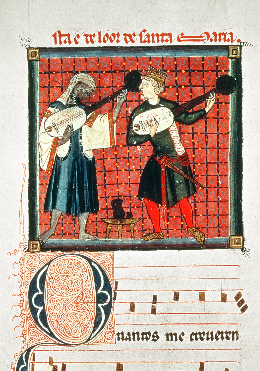 124-0633321/1 Maur a křesťan hrající na loutnu, miniatura v knize hudby z 