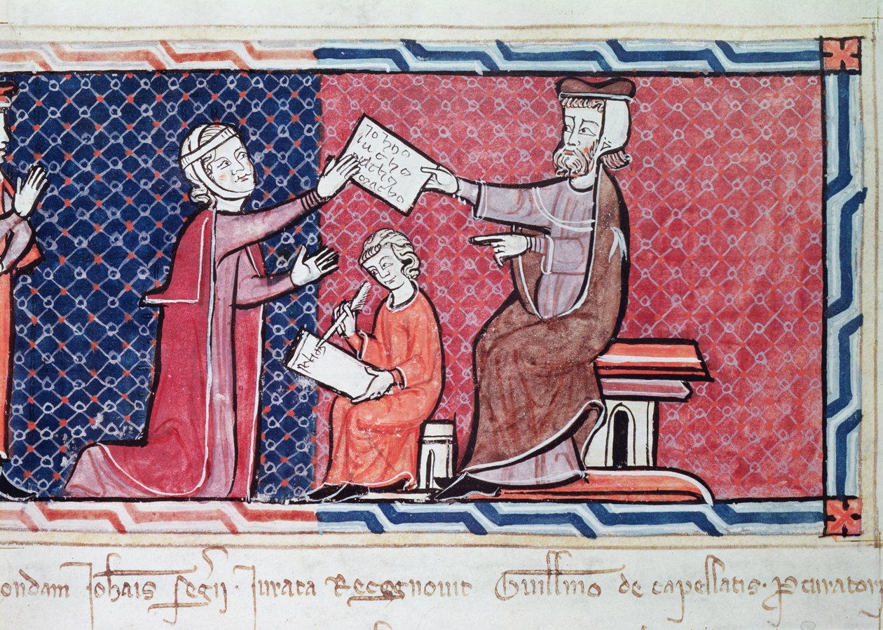 Žena skládající přísahu před králem Jakubem I. (1207-76) z Mallorky, detail smírčího soudce, ženy a písaře, z Capbreu de Clayra et de Millas, 1292 (detail z roku 181839) od Spanish School