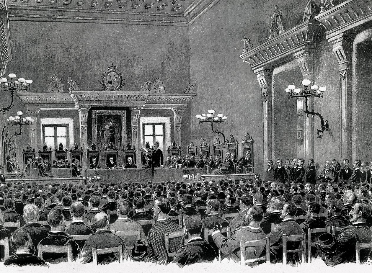 Shromáždění katalánských nacionalistů se sešlo v radnici v Manrese, aby v roce 1892 navrhlo 16 základen pro podávání katalánské regionální ústavě. Kresba Jaume Pahissa. od Spanish School