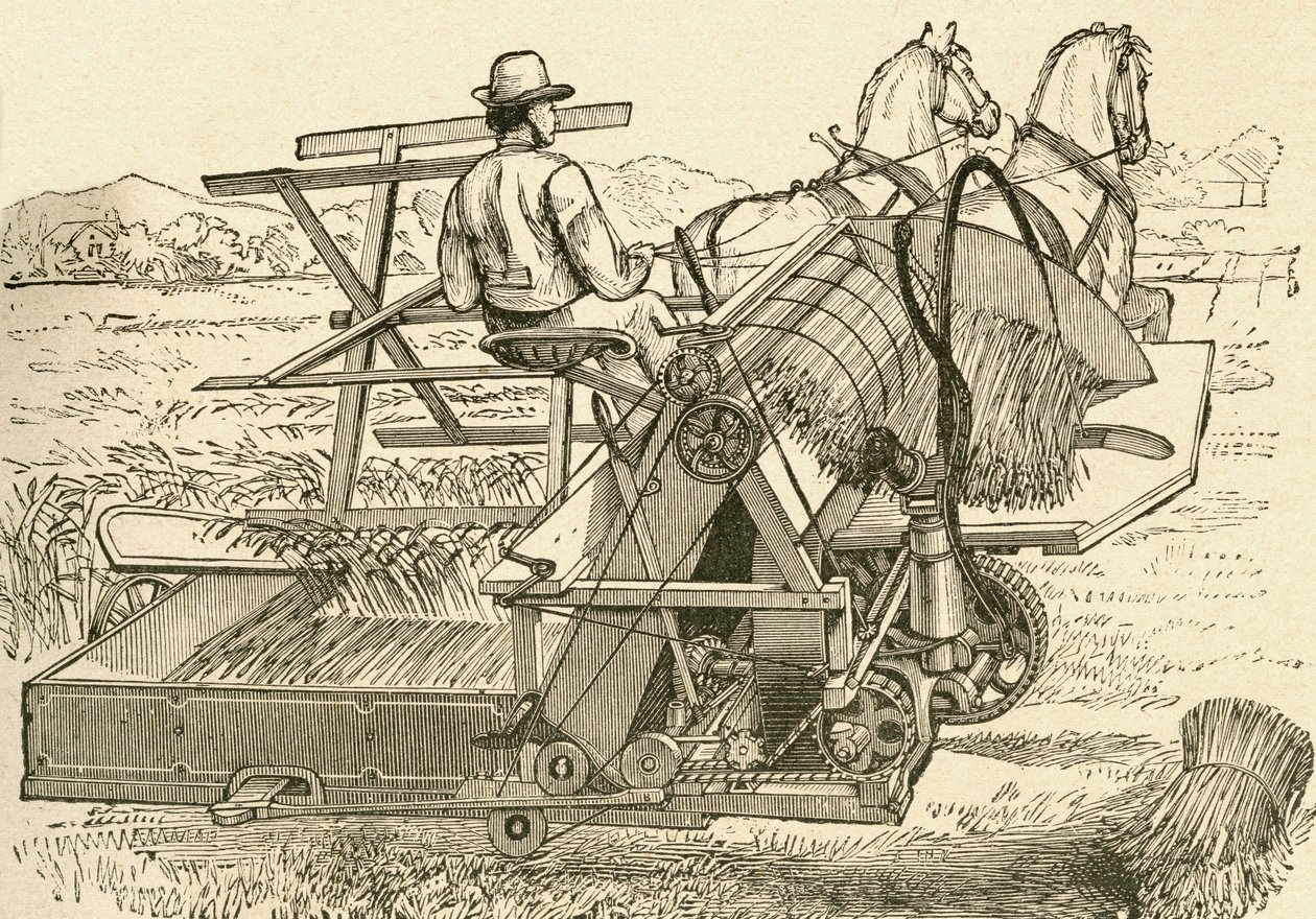 Sklízecí stroj tažený koňmi, který mechanicky svázal snopy obilí, používaný koncem 19. století. Od El Museo Popular publikoval Madrid od Spanish School