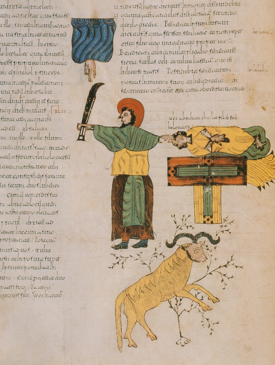 Abraham se chystá obětovat svého syna Izáka z Vizigótsko-mozarábské Bible svatého Isidora, n. l. 960 (tempera na pergamenu) od Spanish School