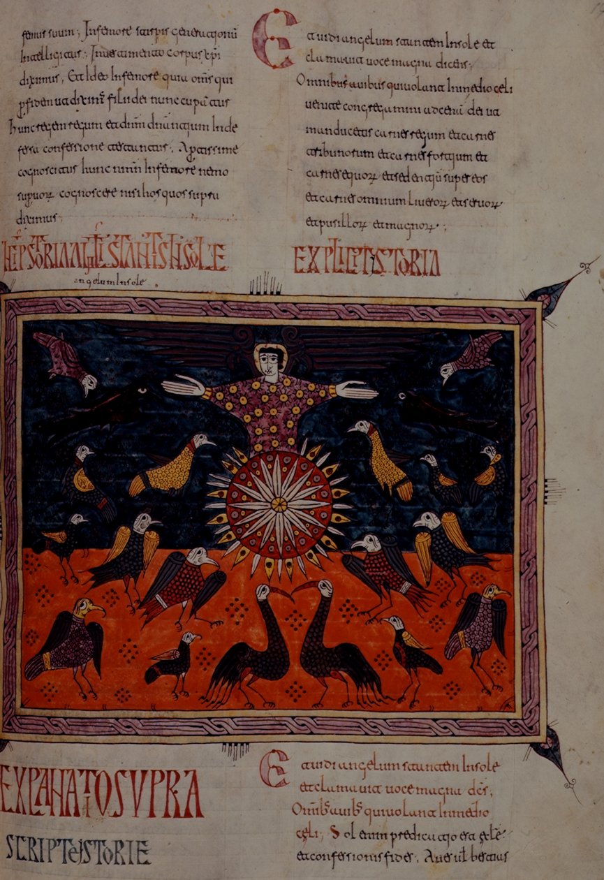 Přidat 11695 fol.197 Anděl stojící na slunci, z Beatus Apocalypse ze Santo Domingo de Silos od Spanish School