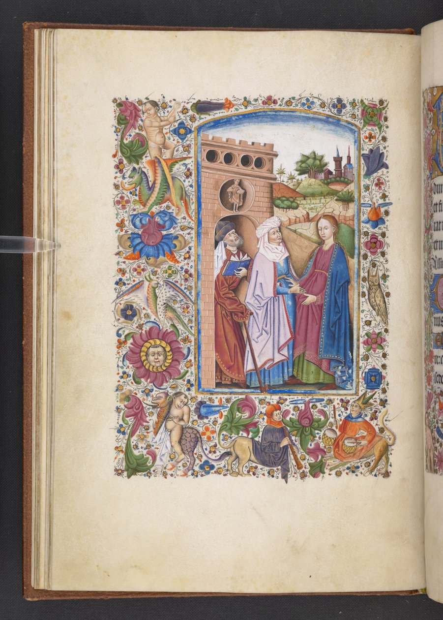 Přidejte MS 50004 f.16v The Visitation, z „Knihy hodin“ (inkoust, barva a zlato na pergamenu) od Spanish School
