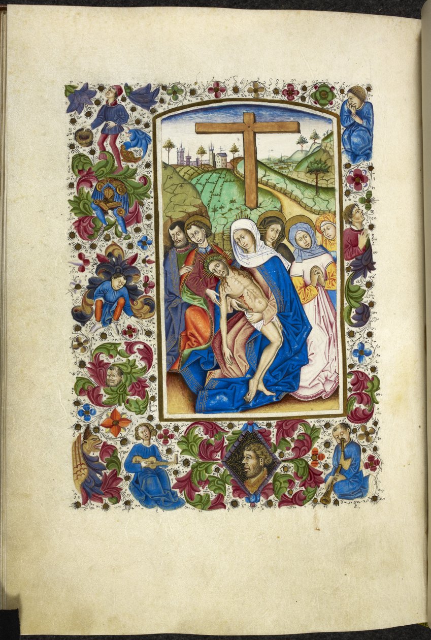 Přidat MS 50004 f.70v Panna Maria držící tělo Kristovo, se dvěma učedníky a ženami vedle ní, z „Knihy hodin“ (inkoust, barva a zlato na pergamenu) od Spanish School
