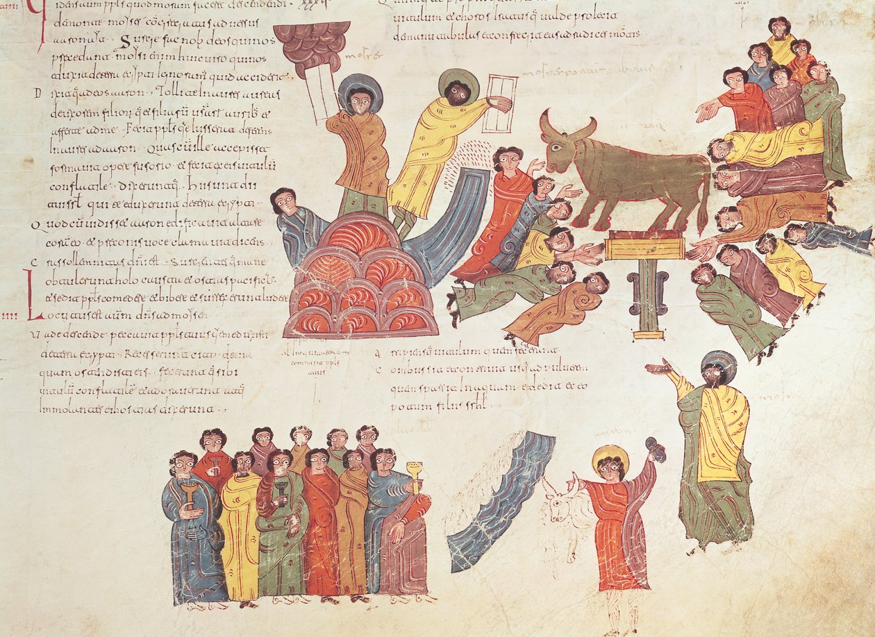 Klanění zlatému teleti, z Vizigótsko-mozarábské Bible svatého Isidora, fol. 46r., n. l. 960 (tempera na pergamenu) od Spanish School