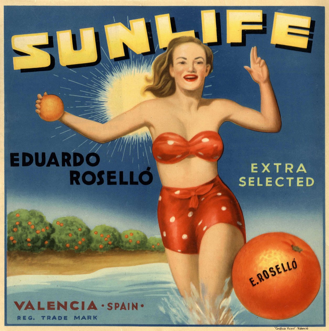Reklama na pomeranče, obrázek ženy v plavkách. Reklamní plakát, Valencie od Spanish School