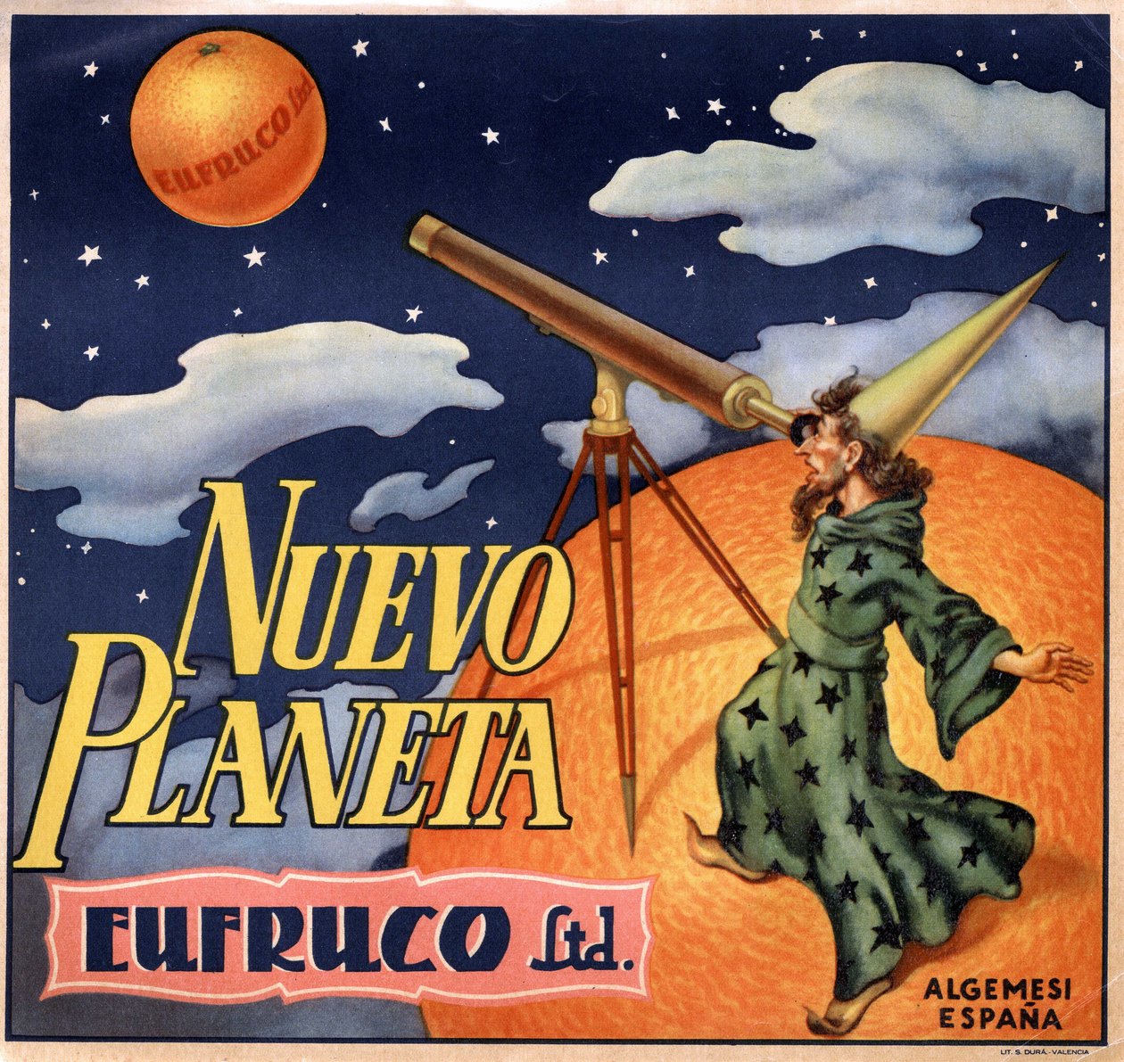 Reklama s kouzelníkem pozorujícím „“novou planetu Orange“““. Reklamní plakát, Valencie od Spanish School