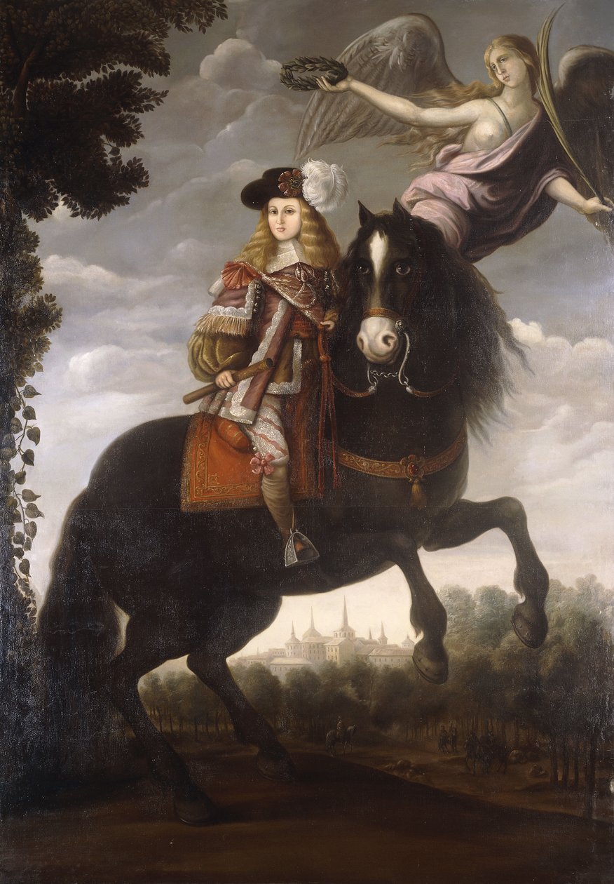 Jezdecký portrét krále Karla II., po celé délce, v červeném plášti s bílým lemováním korunovaný vavřínem andělem, Madrid v dálce, kolem roku 1685 od Spanish School