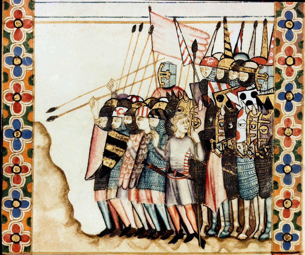 Armee des croises Detail stránky převzaté z rukopisu Písně o svaté Marii (Cantigas de Santa Maria), zdobení miniatur věnovaných svaté Marii a jejím zázrakům, sbírka písní redigovaných za vlády Alfonse X. moudrého (1221- 1284). od Spanish School