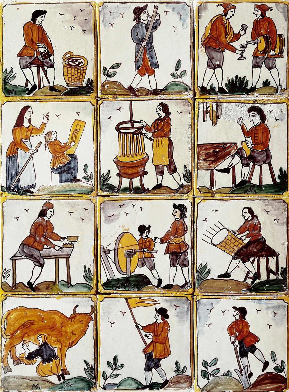 Řemeslná řemesla: obuvník, bednář, výrobce proutěných košíků, vinař, kreslíř, muzikant, dojení krav, brusič, farmář, ebenista. Katalánské keramické dlaždice (Španělsko) od Spanish School