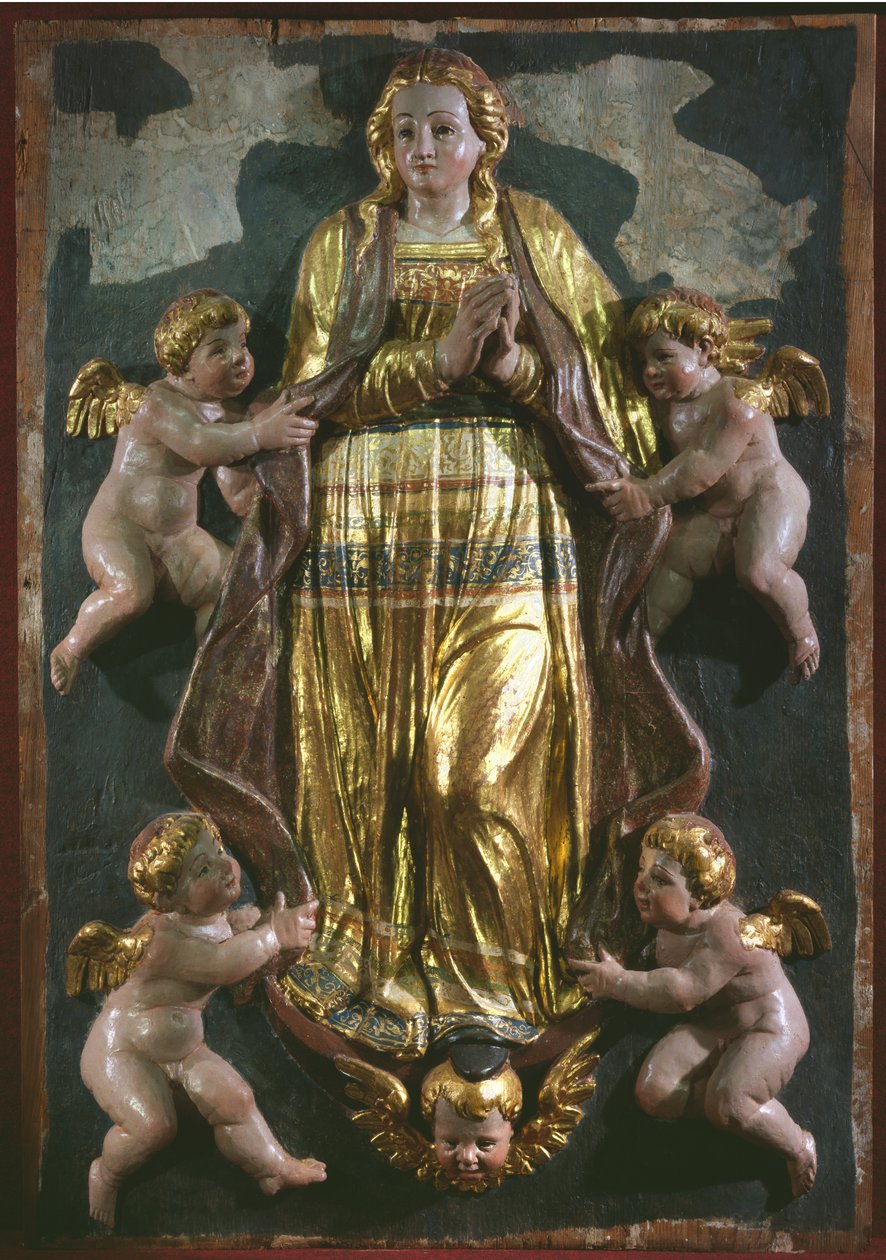 Nanebevzetí Panny Marie, detail renesančního oltářního obrazu (malované a zlacené dřevo) od Spanish School