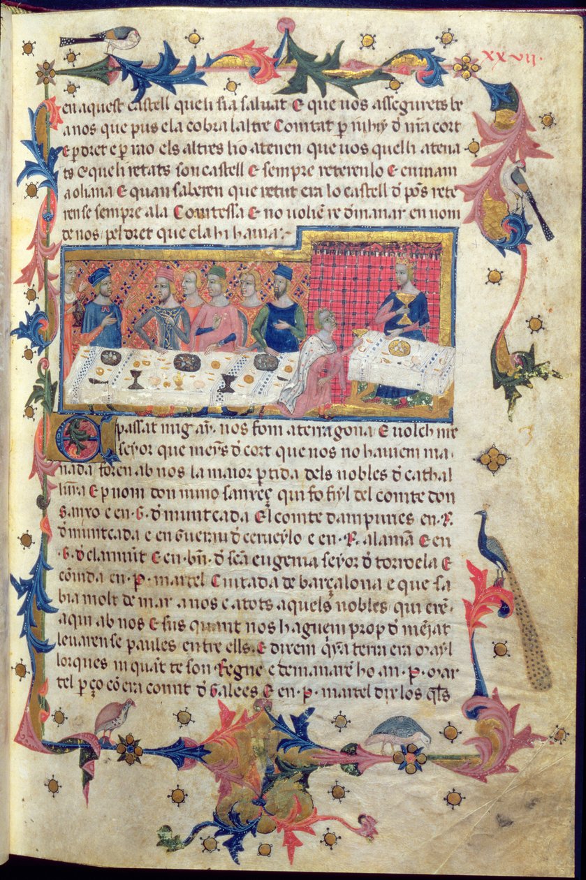 Banket pořádaný otcem Martellem pro Jakuba I. (1208-76) v Tarragoně v roce 1228, na kterém bylo dohodnuto dobytí Baleárských ostrovů, z „Libre dels Feits“ (vellum) (viz také 113569) od Spanish School