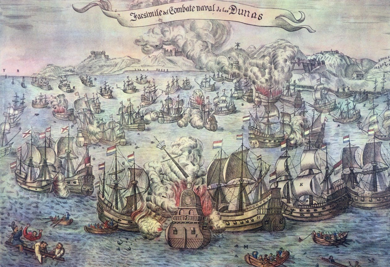 Bitva u Downs, 21. října 1639 (barevná rytina) od Spanish School