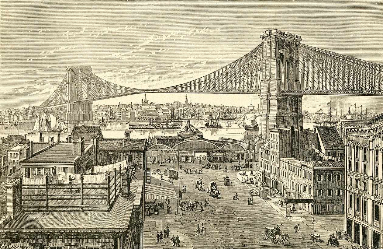 Brooklyn Bridge, New York, Spojené státy americké v 19. století. Od El Museo Popular publikoval Madrid od Spanish School