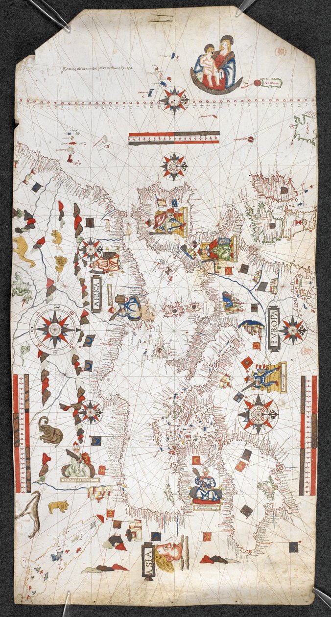 Mapa Středozemního a Černého moře a části Atlantiku, od Britských ostrovů na severu po Kanárské ostrovy na jihu; s pobřežními liniemi; a se jmény hlavních měst ve španělštině, Jaume Oliues, Mallorqui en Missi od Spanish School
