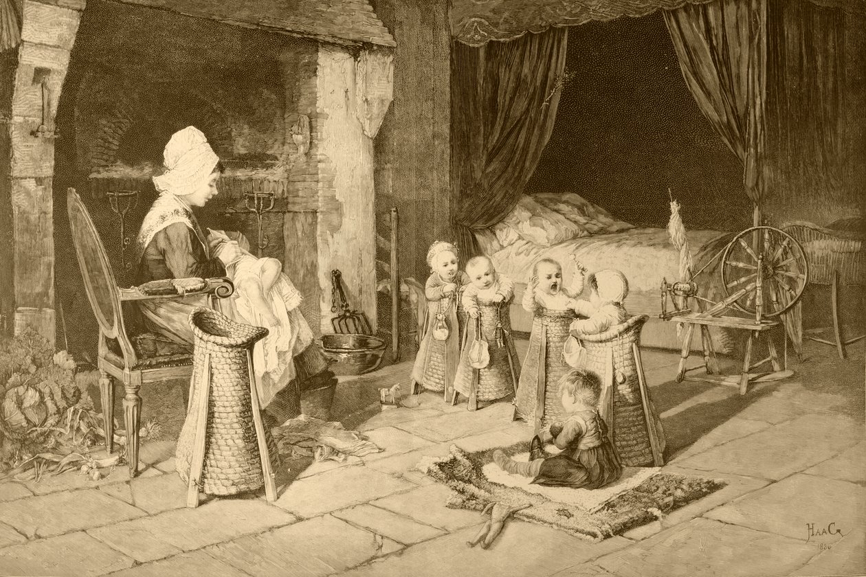 Dětský domov ve vesnici, podle Haagova obrazu z "Album Artistico", vydaného kolem roku 1890 od Spanish School