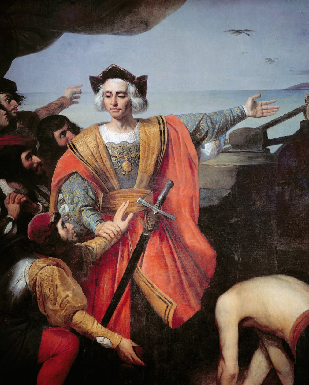 Kryštof Kolumbus na palubě své karavely ukazuje na ostrov Guanahani (San Salvador) 12. října 1492, detail (olej na plátně) od Spanish School
