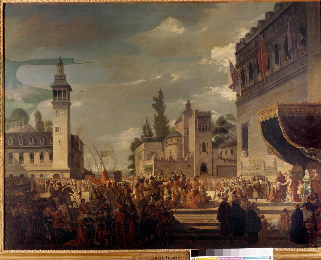 Kryštof Kolumbus představuje domorodé obyvatele u Ferdinanda II. a Isabely 1. Kastilské v Barceloně: představení obyvatel Ameriky katolickým králům průzkumníkem Kryštofem Kolumbem (1451-1506). Obraz od Garcíi Ibaneze od Spanish School