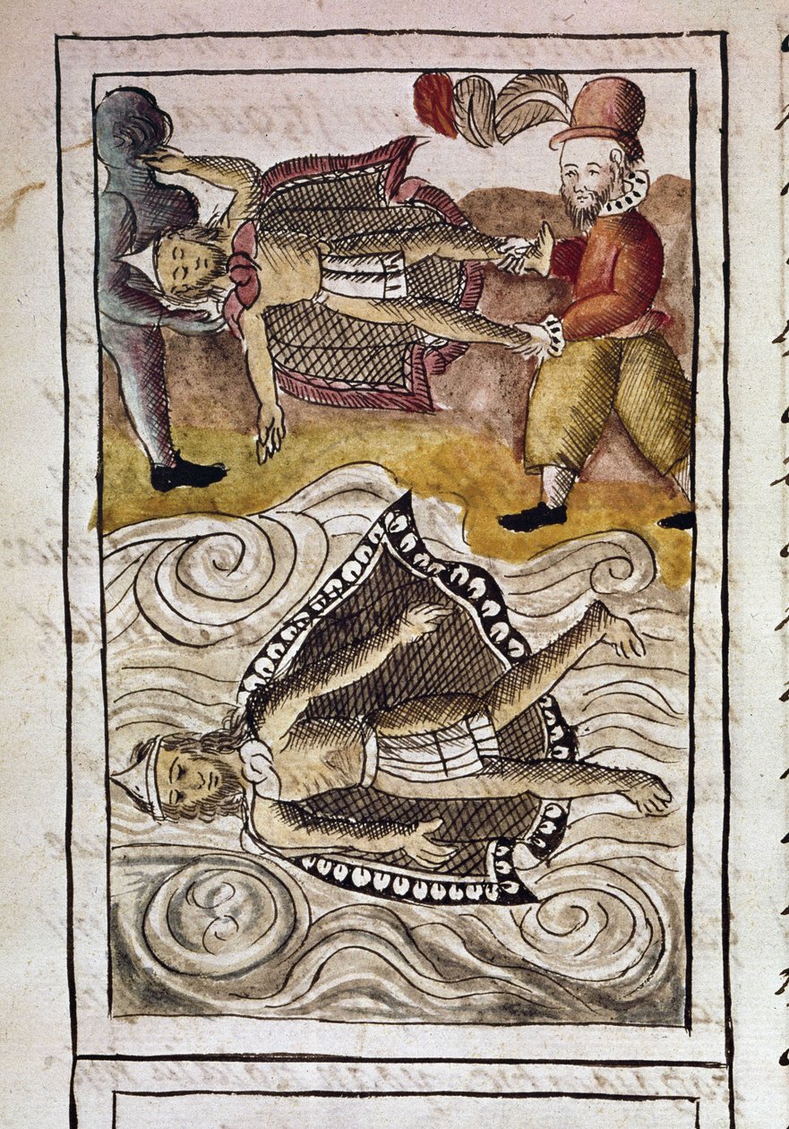 Kodex o dobytí Mexika: Těla Itzquauhtzina a Montezumy neboli aztéckého císaře Moctezumy II (1466-1520) vyhodili Španělé z paláce. od Spanish School