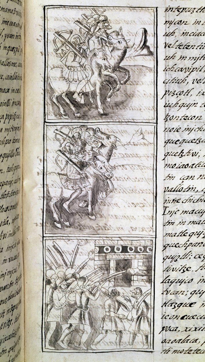 Kodex o dobytí Mexika: Španělé připraveni zaútočit na město Tenochtitian. Miniatura florentského rukopisu "Storia degli Aztechi" (Dějiny Aztéků) od Bernardina de Sahaguna. od Spanish School