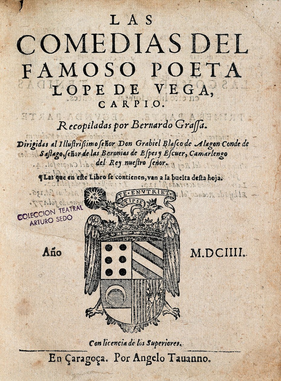 Obálka Komedie slavného básníka Lope de Vega od Felixe Lope de Vega Carpio (1562-1635), vydání z roku 1604 (tištěná monografie) od Spanish School