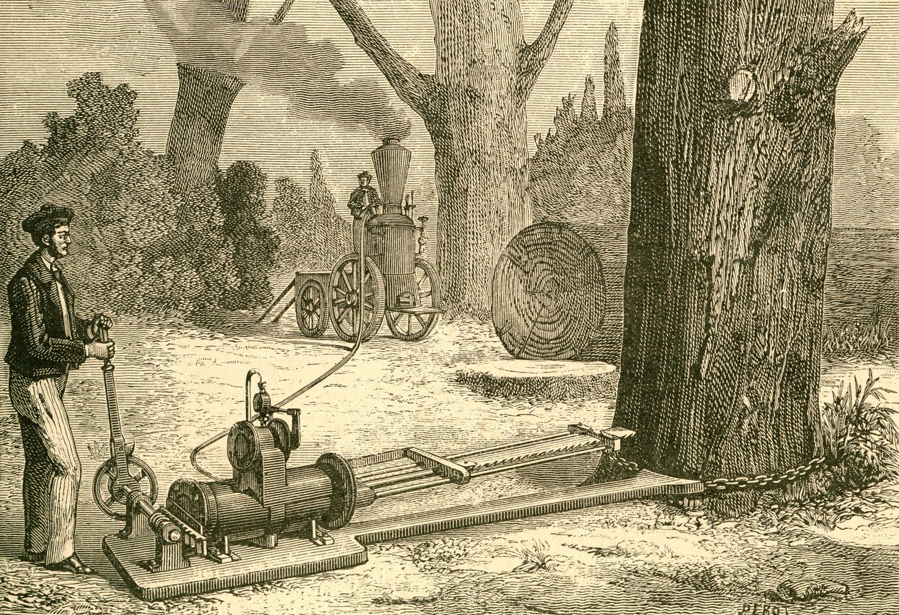 Kácení stromů pomocí parních strojů na konci 19. století. Od El Museo Popular publikoval Madrid od Spanish School