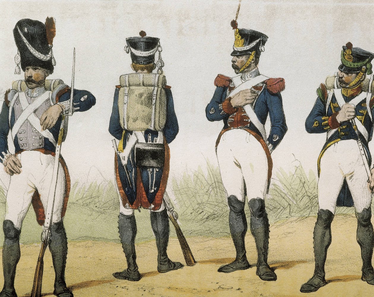 DE SOTTO, Serafin Maria, hrabě z Clonardu (1793 - 1862). Historia organica de las armas de Infanteria y Caballeria espanolas. 1851 - 1859. Pěchota za vlády Ferdinanda VII. španělského. Granátník, střelec, seržant a chasseur (1815-1820). Rytina od Spanish School