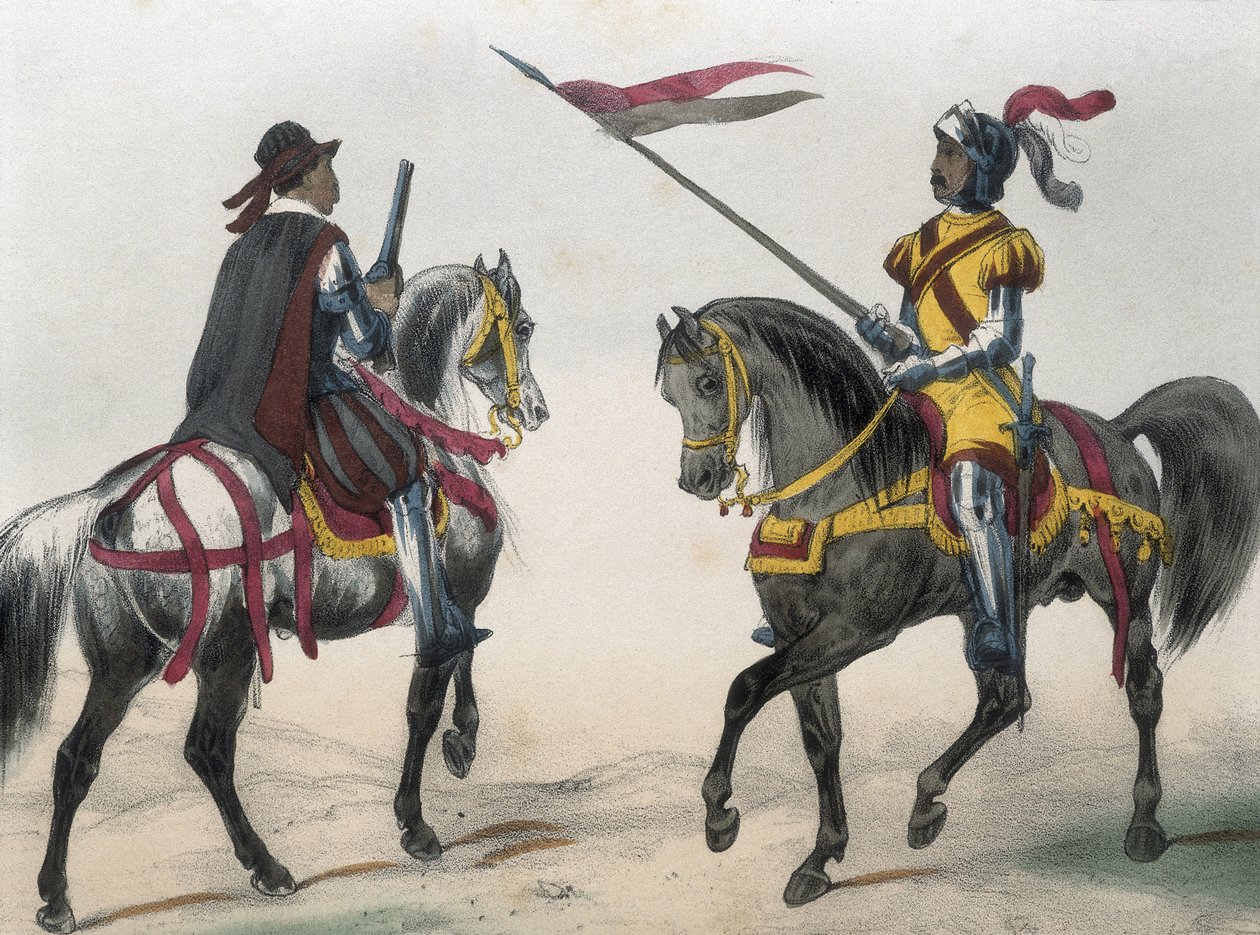DE SOTTO, Serafin Maria, hrabě z Clonardu (1793 - 1862). Historia organica de las armas de Infanteria y Caballeria espanolas. 1851 - 1859. Jezdectvo za vlády Filipa II. španělského. "Heraldo de caballeria" (zvěstovatel zbraní) a "hombre de armas" (Ma od Spanish School