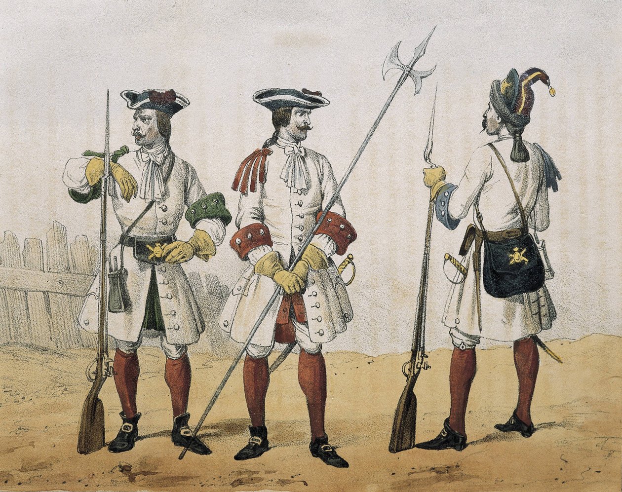 DE SOTTO, Serafin Maria, hrabě z Clonardu (1793 - 1862). Historia organica de las armas de Infanteria y Caballeria espanolas. 1851 - 1859. Liniová pěchota za vlády Filipa V. Španělského. Střelec, seržant a granátník (1707-1718). Litografie. ŠPANĚLSKO. od Spanish School