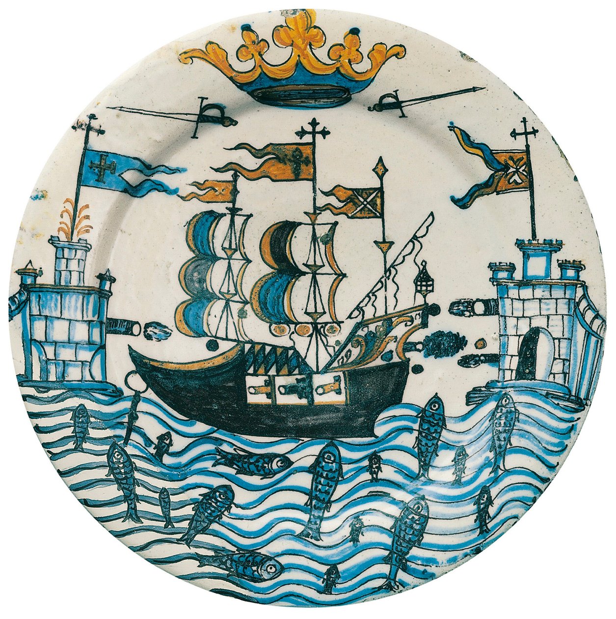 Decoree talíř s kresbami galeon a hradů zakončených korunou od Spanish School