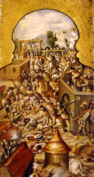 Zobrazení zvěrstev spáchaných během bojů o dobytí Temple Mayor a náměstí Zocalo; od Spanish School