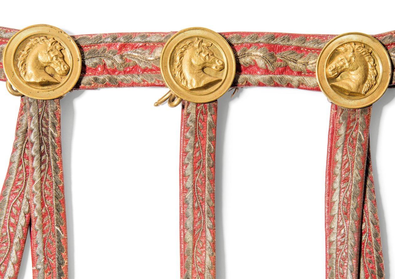 Detail ze Sabretache of Joseph-Napoleon Bonaparte, král Španělska, před rokem 1813 (červená marocká kůže s vyšívaným zlatem a pozlacenými mosaznými pasparty) od Spanish School