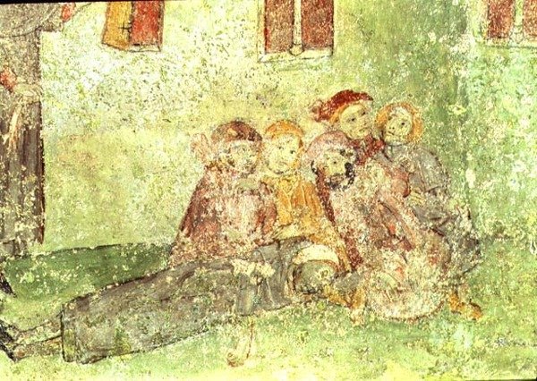 Detail dělníků stavících chrám, freska pod sborem kostela Panny Marie z Lluca (freska) od Spanish School