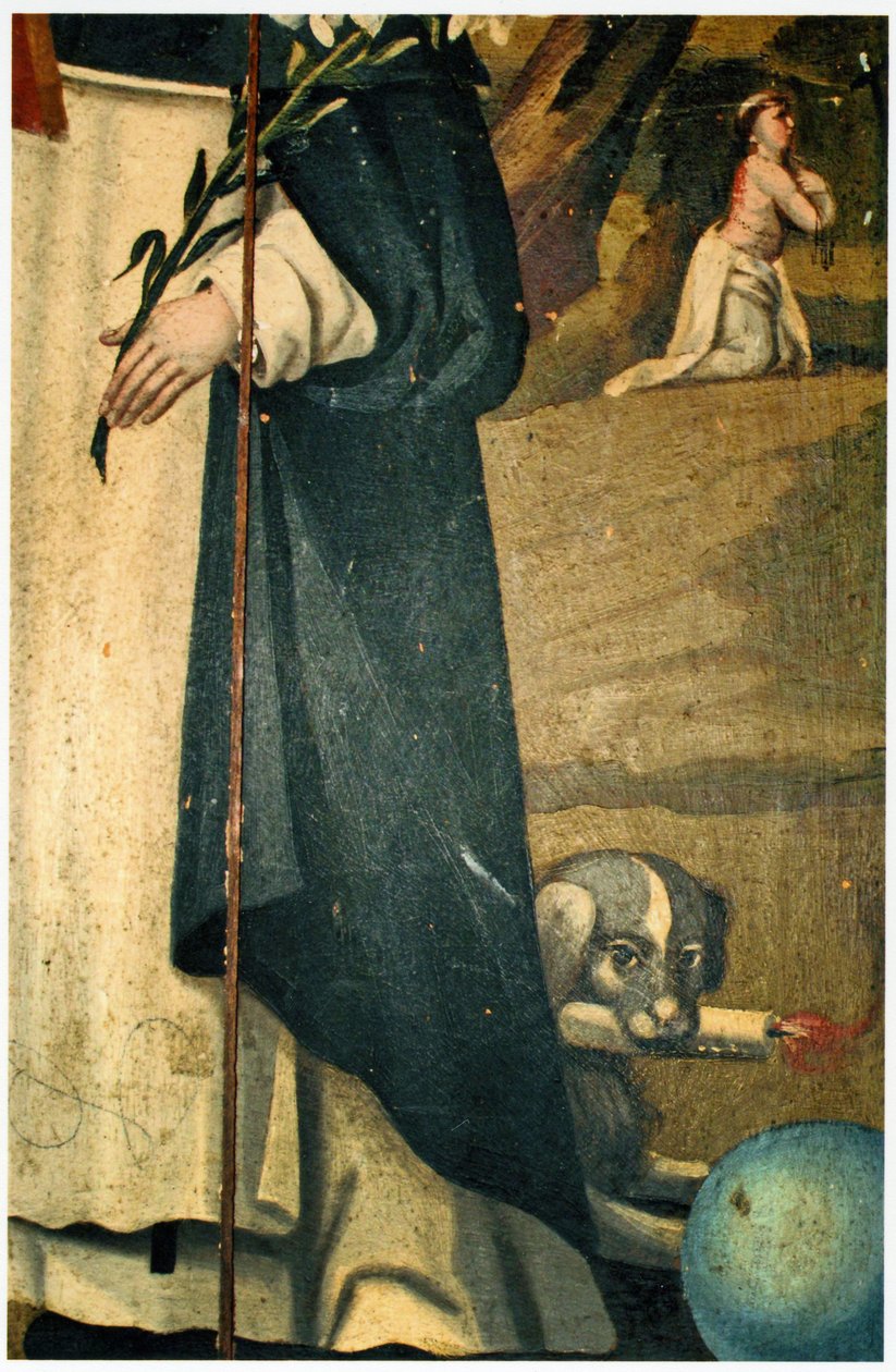Detail zobrazující lilii, hůl a psa s pochodní, atributy svatého Dominika od Spanish School