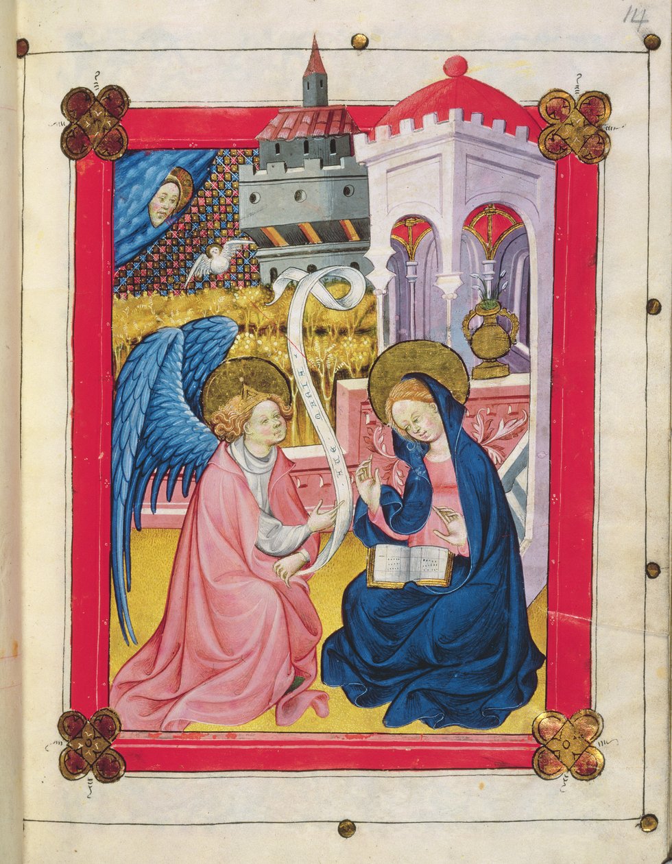Např. 2653 f.14 Zvěstování, z hodin P. Marie (vellum) od Spanish School