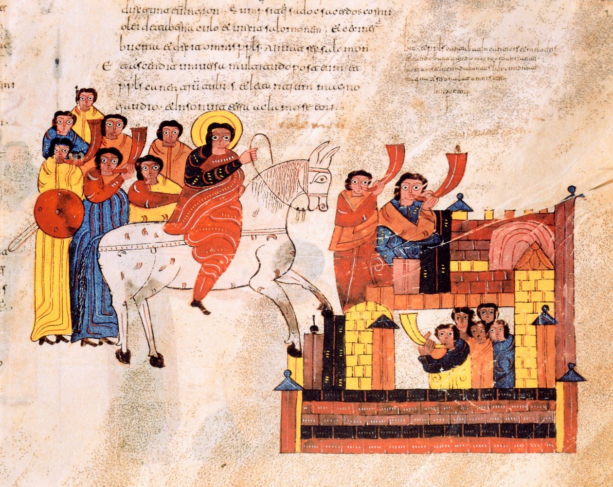 Vjezd krále Davida do Jeruzaléma za zvuku trubek, z Vizigótsko-mozarabské Bible svatého Isidora, fol. 135r., 960 n. l. od Spanish School