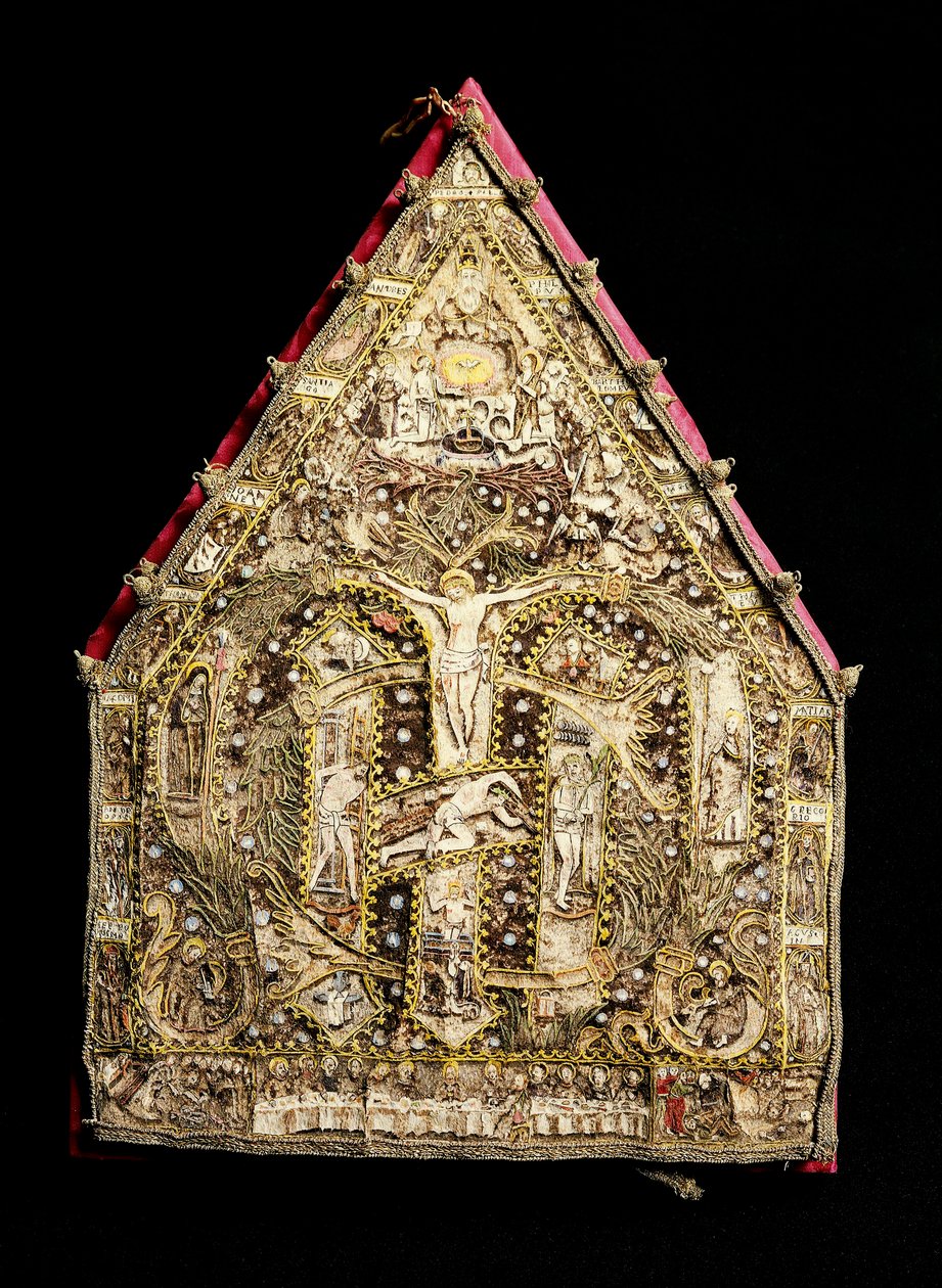 Eveque mitra ve zlatém dekoru z peříčkové mozaiky vyrobené španělskými misionáři v Mexiku. Florencie 16. století, Museo degli Argenti od Spanish School