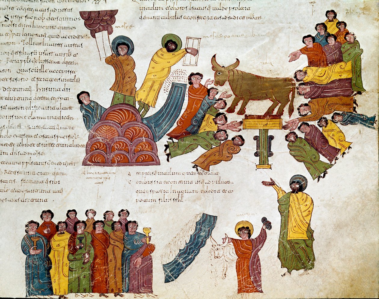 Exodus: „“klanění zlatému teleti“““ Mojžíš a stoly Zákona. Miniatura z mozarabské bible. 10. století. Leon. Knihovna Royal Collegiale svatého Isidora. Španělsko od Spanish School