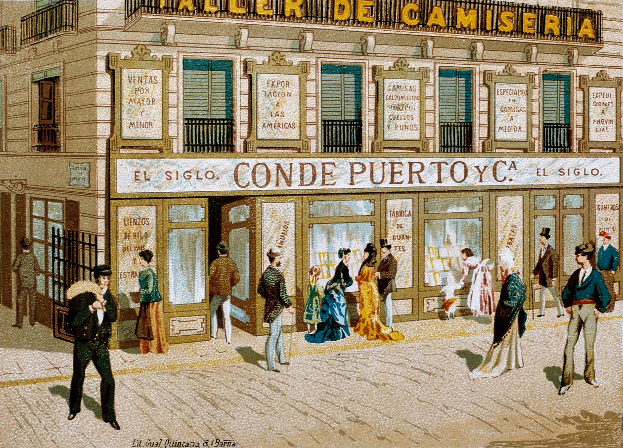 Móda: reklamní plakát pro obchod s látkami "" Conde Puerto "" butik Barcelona. 19. století od Spanish School