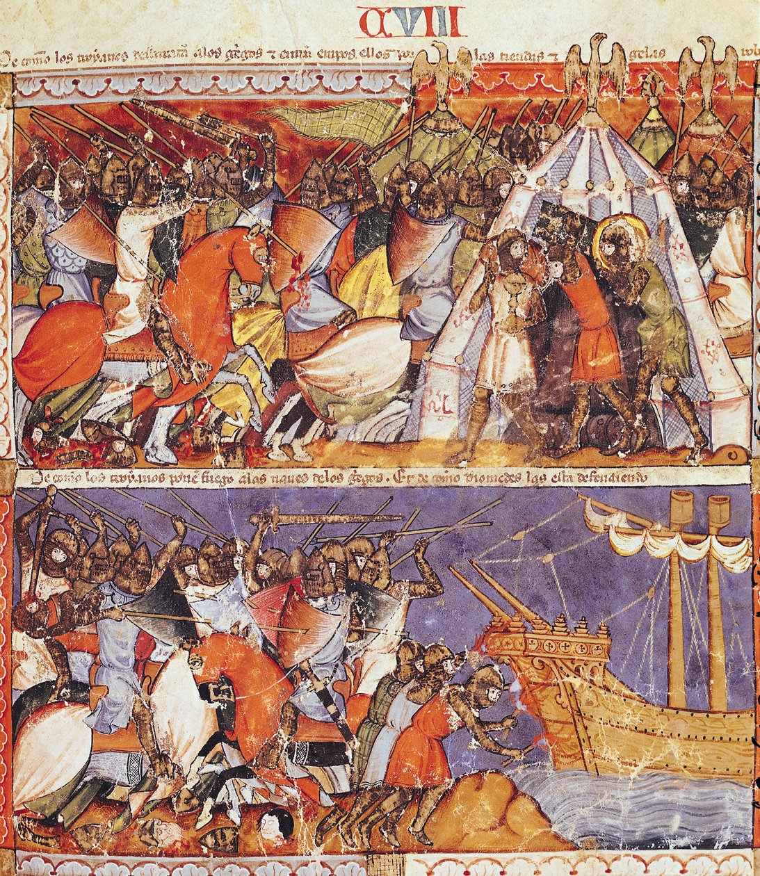 Fol.108r Trojané napadli řecký tábor a zapálili řecké lodě, z Codexu Benito de Santa Mora od Spanish School