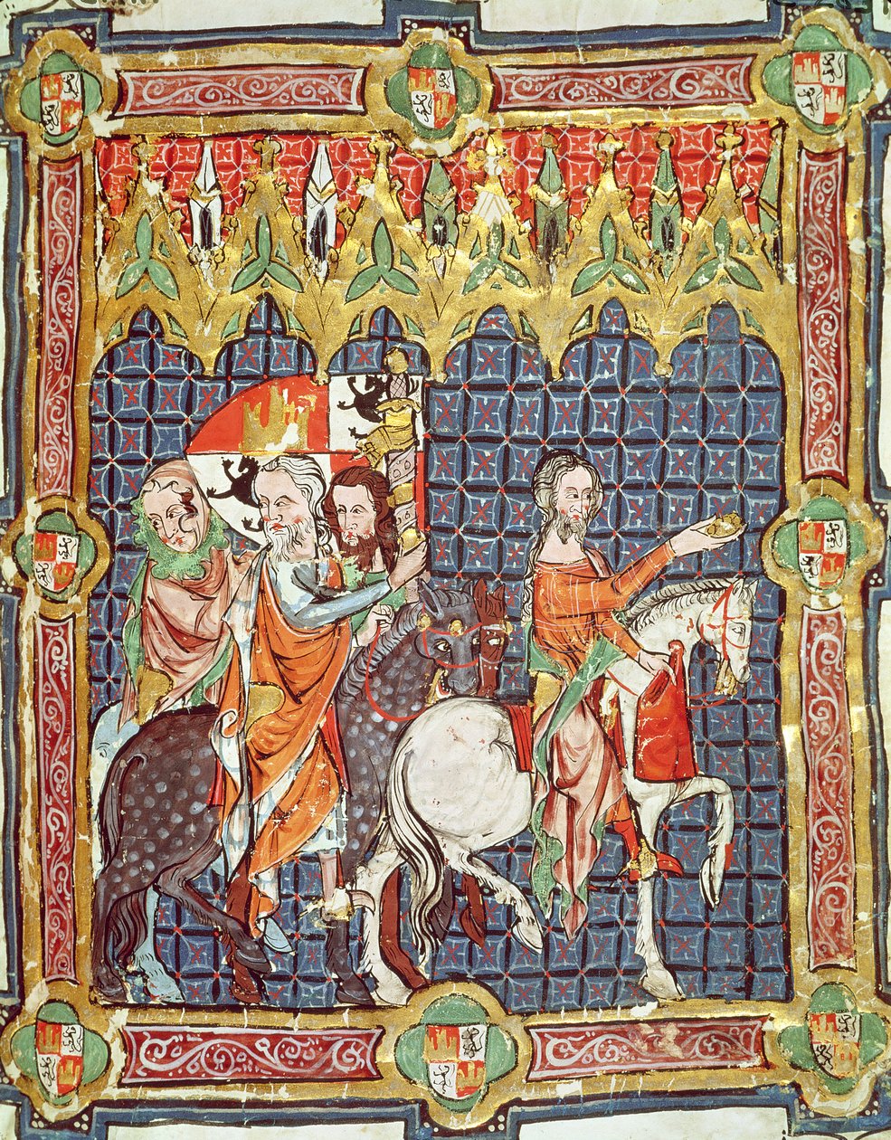 Fol.10r Alfonso VII (1105-57) a jeho manželka Berenguela z Barcelony vedli k setkání s arcibiskupem z rukopisu zobrazujícího korunovace králů Aragonie a Kastilie. od Spanish School