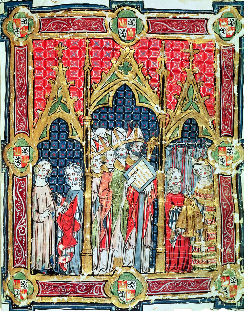 Fol.13r Korunovace králů Aragonie a Kastilie: Alfonso VII. (1105-57) nabízející zlatý chléb v přítomnosti arcibiskupa z Toleda, z Libro de los Testamentos od Spanish School