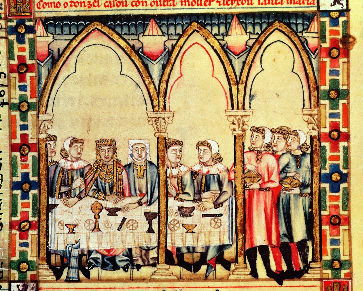 Fol.16v Zásnubní banket, z rukopisu vytvořeného pod vedením Alfonse X. Moudrý král Kastilie a Leonu od Spanish School