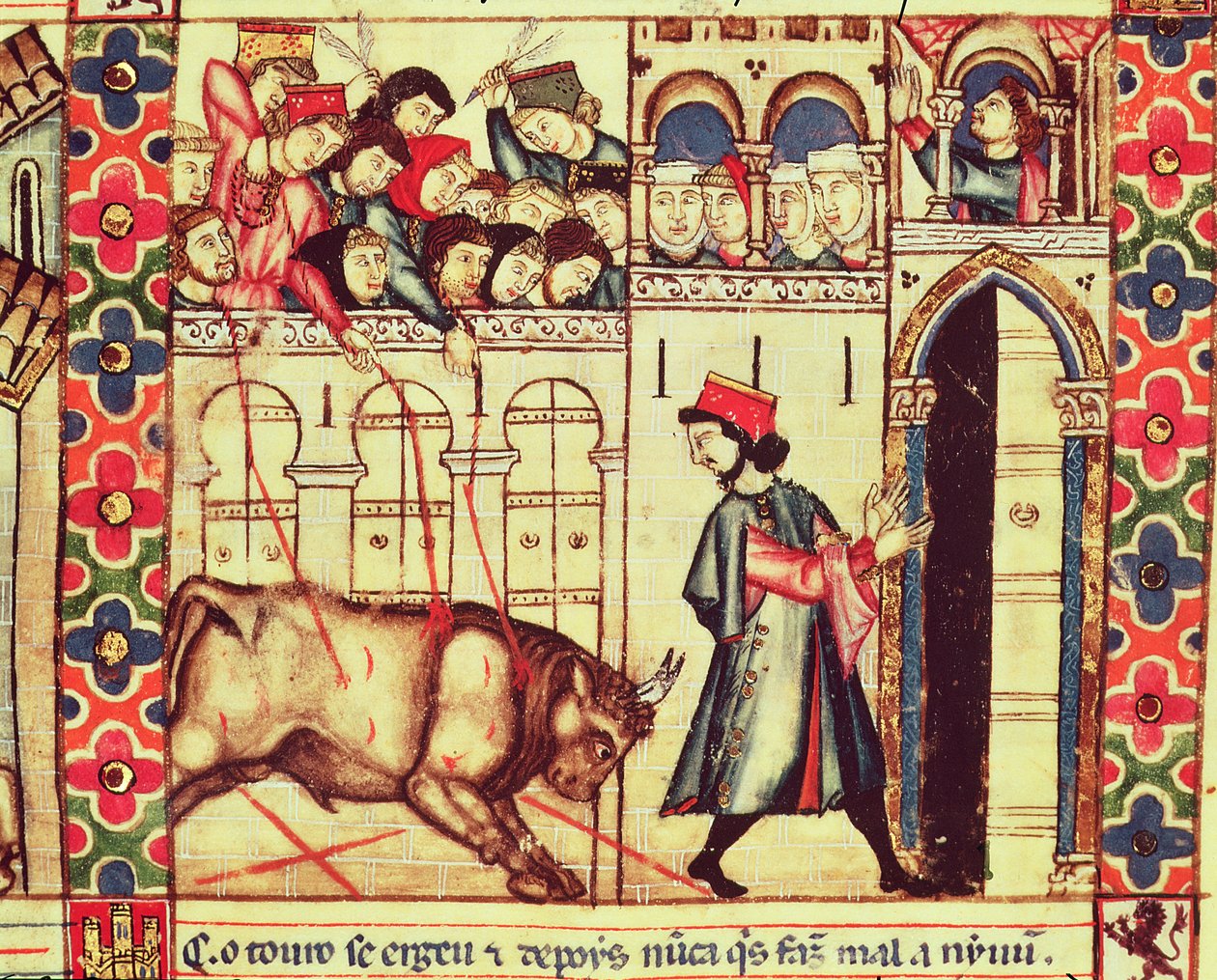 Fol.200r Smrt býka v ringu, z rukopisu vytvořeného pod vedením Alfonse X. Moudrý král Kastilie a Leonu od Spanish School
