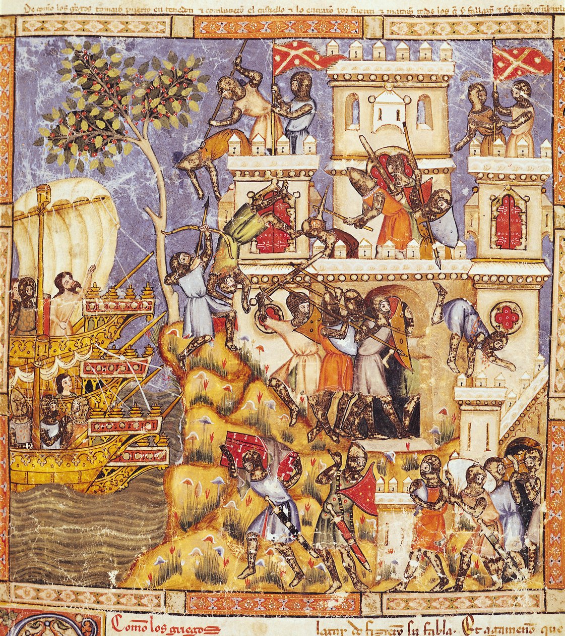 Fol.30r Vylodění Řeků, obléhání hradu Tenedos a smrt obránců, z Codexu Benito Santa Mora od Spanish School