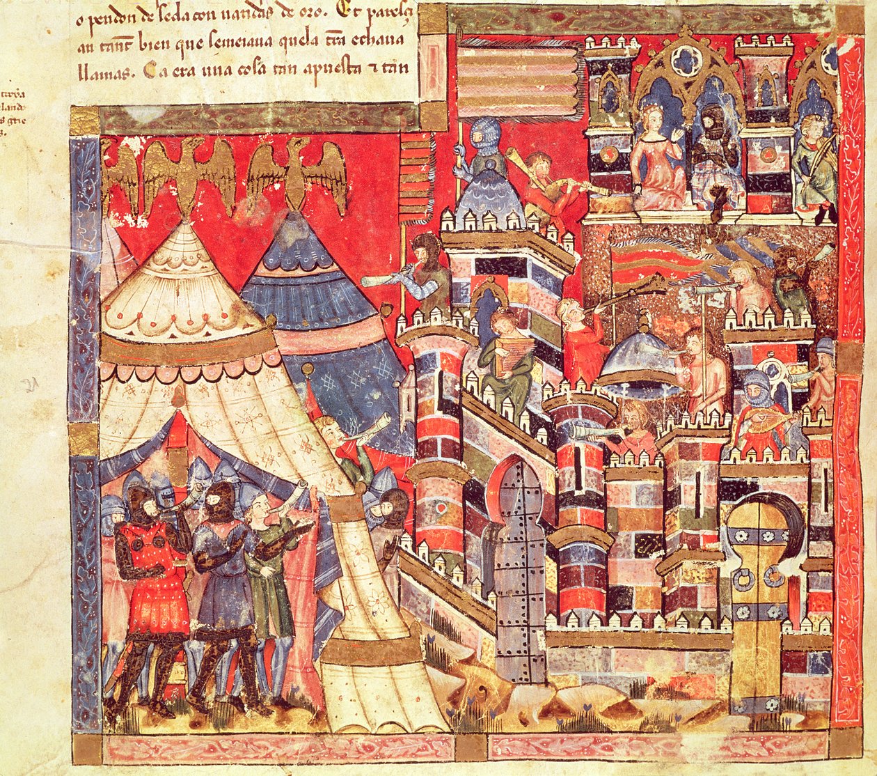 Fol.40v Řecký tábor a město Trója, z Codexu Benito Santa Mora od Spanish School