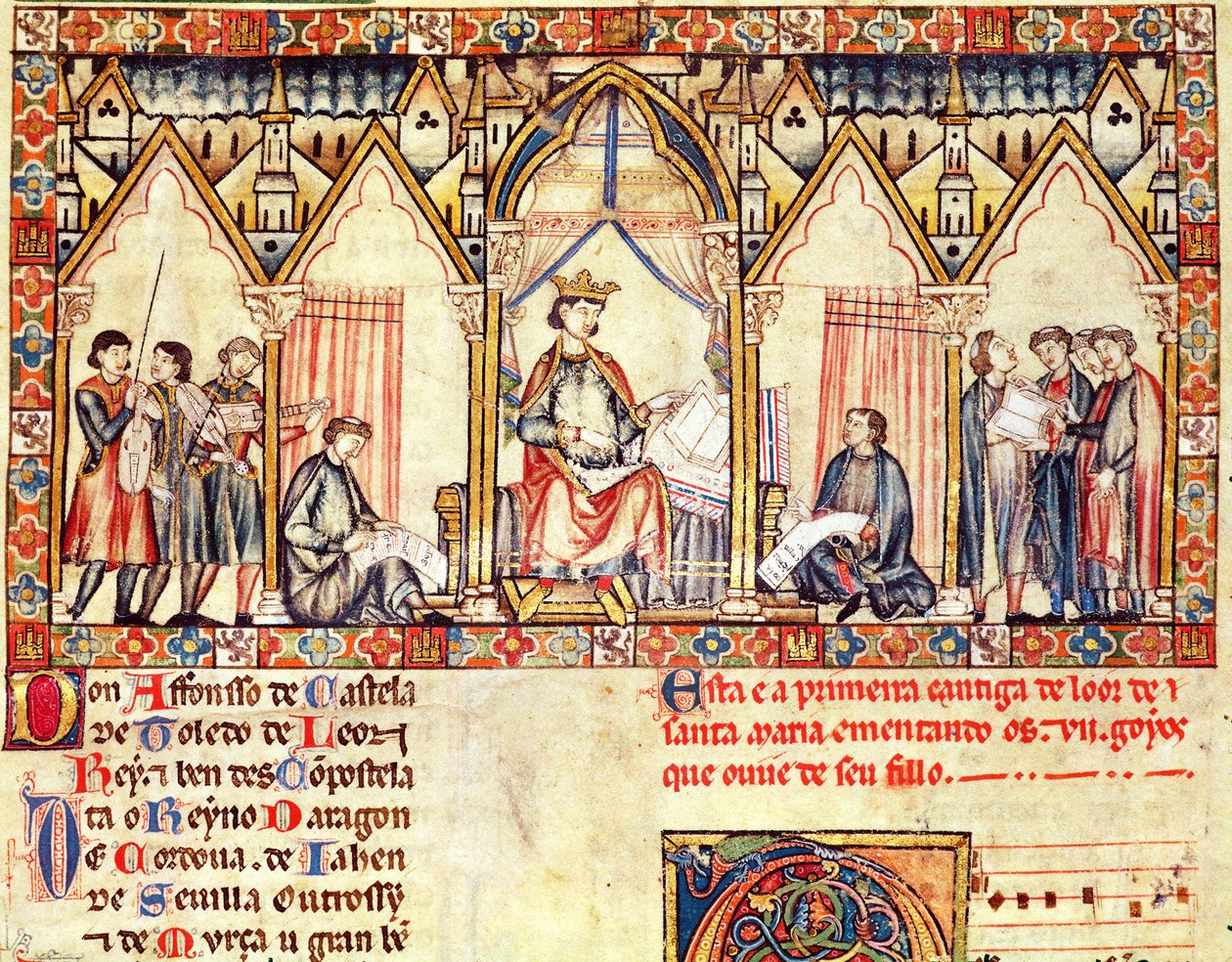 Fol.5r Dvůr Alfonse X. (1221-84) moudrého, krále Kastilie a Leónu, miniatura z Cantigas de Santa Maria od Spanish School