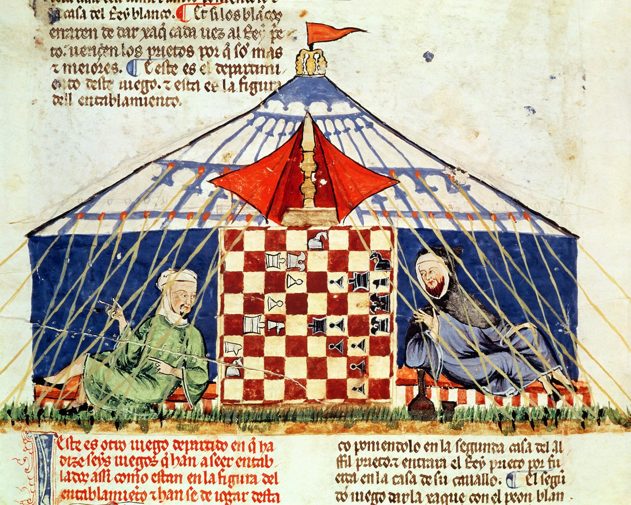 Fol.62v Dva Arabové hrají šachy ve stanu, z Knihy her, šachy, kostky a desky, 1282 od Spanish School